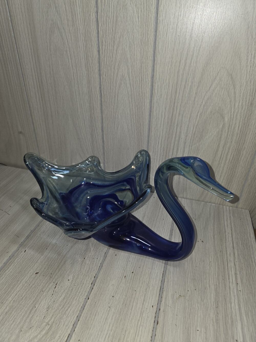 Vtg Swan Candy Dish Hand Blown Cobalt Blue Swirl Art Glass Murano Style MCM